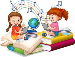 Two girl are reading books on a stack of books vector