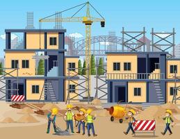 sitio de construcción de edificios con trabajadores vector