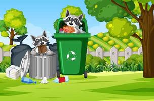 Raccoons eating food from the trash vector