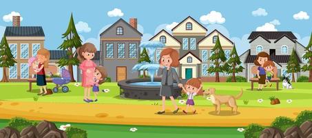 Outdoor park scene with people cartoon character vector