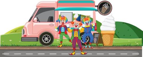 Clowns juggling balls at icecream truck vector