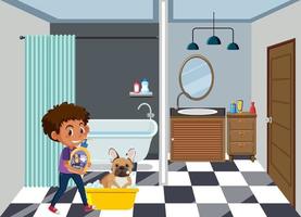 A boy washing his dog in the bathroom vector