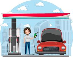 Gas station scene on white background vector