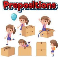 Prepostion wordcard design with girl and boxes vector