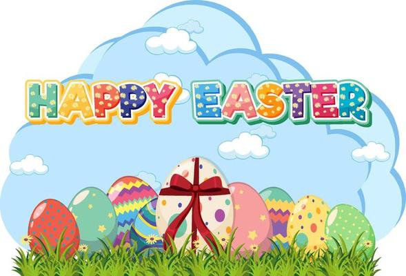 Happy Easter design with decorated eggs in garden