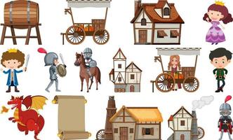 Medieval characters buildings set vector