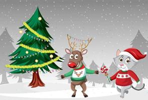 Christmas holidays with cat and reindeer vector