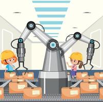 concepto de industria de automatización con robots de línea de montaje vector