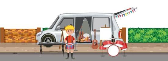 Yard sale with instruments in the van vector