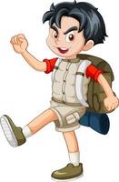 Happy little boy in camping outfit with backpack vector
