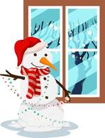 Snowman with lights by the window vector