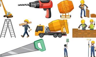 Set of construction site objects and workers vector