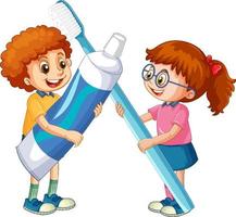 Children holding toothpaste and toothbrush on white background vector