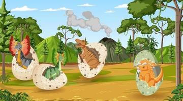 escena con dinosaurios en el bosque vector