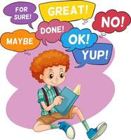 Speech bubbles with boy reading book vector