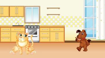 Set of different domestic animals in kitchen
