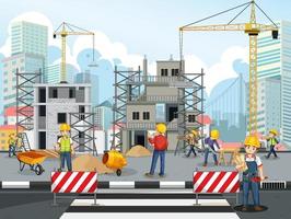 sitio de construcción de edificios con trabajadores vector