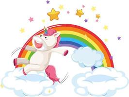 Pink unicorn jumping on a cloud with rainbow vector