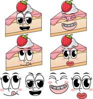 Set of facial expression vintage style cartoon with cake on white background vector