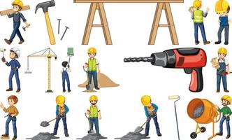 Construction worker set with man and tools vector