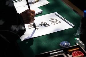 japanese calligraphy with ink brush on paper photo