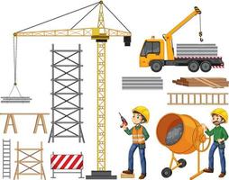 Set of construction site objects and workers vector