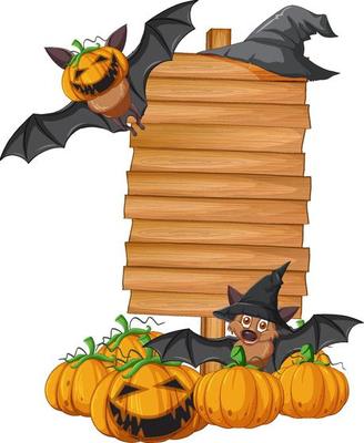 Blank wooden signboard with bat in halloween theme