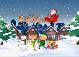 Snowy night scene with Christmas cartoon characters vector