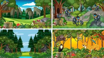 Different forest scenes with wild animals vector