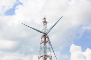 The wind turbine power working, blue sky, energy power concept photo