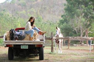 mujer joven con su caballo en la luz del atardecer. fotografía al aire libre con una modelo de moda. estado de ánimo de estilo de vida foto