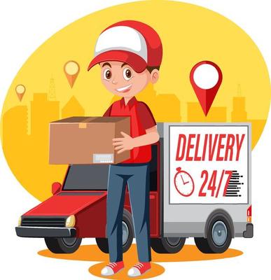 Courier man holding package box in cartoon style