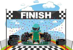 Cartoon racing car reach the finish line vector