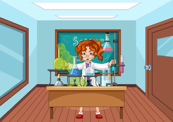 Classroom scene with scientist doing experiment