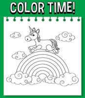 Worksheets template with color time text and rainbow with Unicorn outline vector