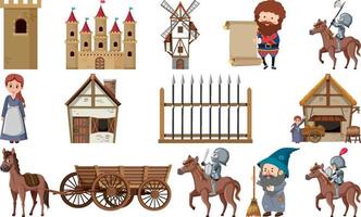 Medieval characters buildings set vector