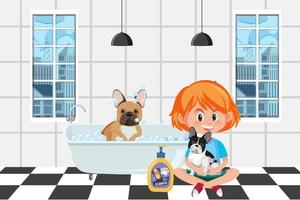 A girl washing her dog in the bathroom vector
