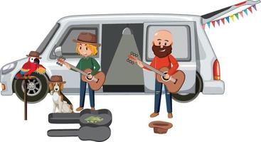 People playing guitars by the van vector