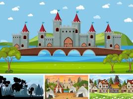 Set of different scene medieval with silhouette vector