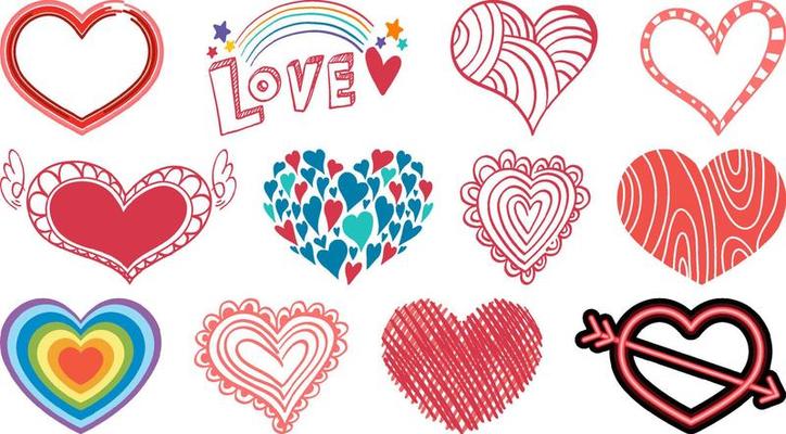 Different style of hearts isolated on white background