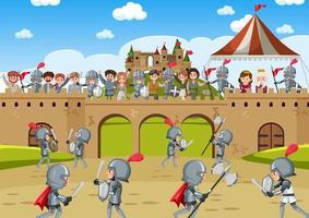 Medieval scene with knights and villagers vector