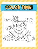 Worksheets template with color time text and rainbow with Unicorn outline vector