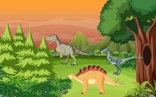 dinosaurio en la escena del bosque prehistórico vector