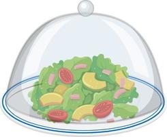 plato de ensalada verde con tapa de vidrio sobre fondo blanco