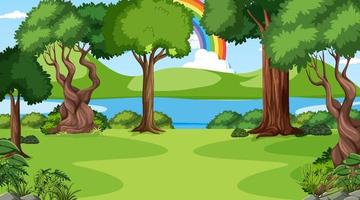 escena del bosque natural con arco iris en el cielo vector