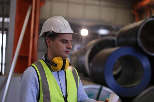 Men industrial engineer wearing a safety helmet while standing in a heavy industrial factory. The Maintenance looking of working at industrial machinery and check security system setup in factory. photo