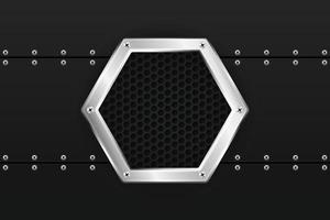 Vector metal industrial plate hexagin shape with screws on dark background.