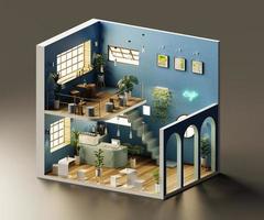 Isometric view minimal cafe store open inside interior architecture, 3d rendering. photo