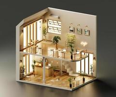 Isometric view minimal cafe store open inside interior architecture, 3d rendering. photo