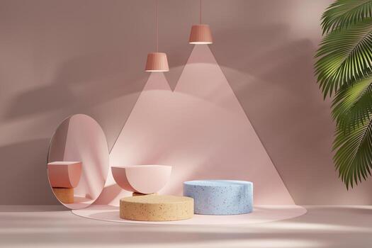 3D rendering platform podium with palm tree product presentation background photo